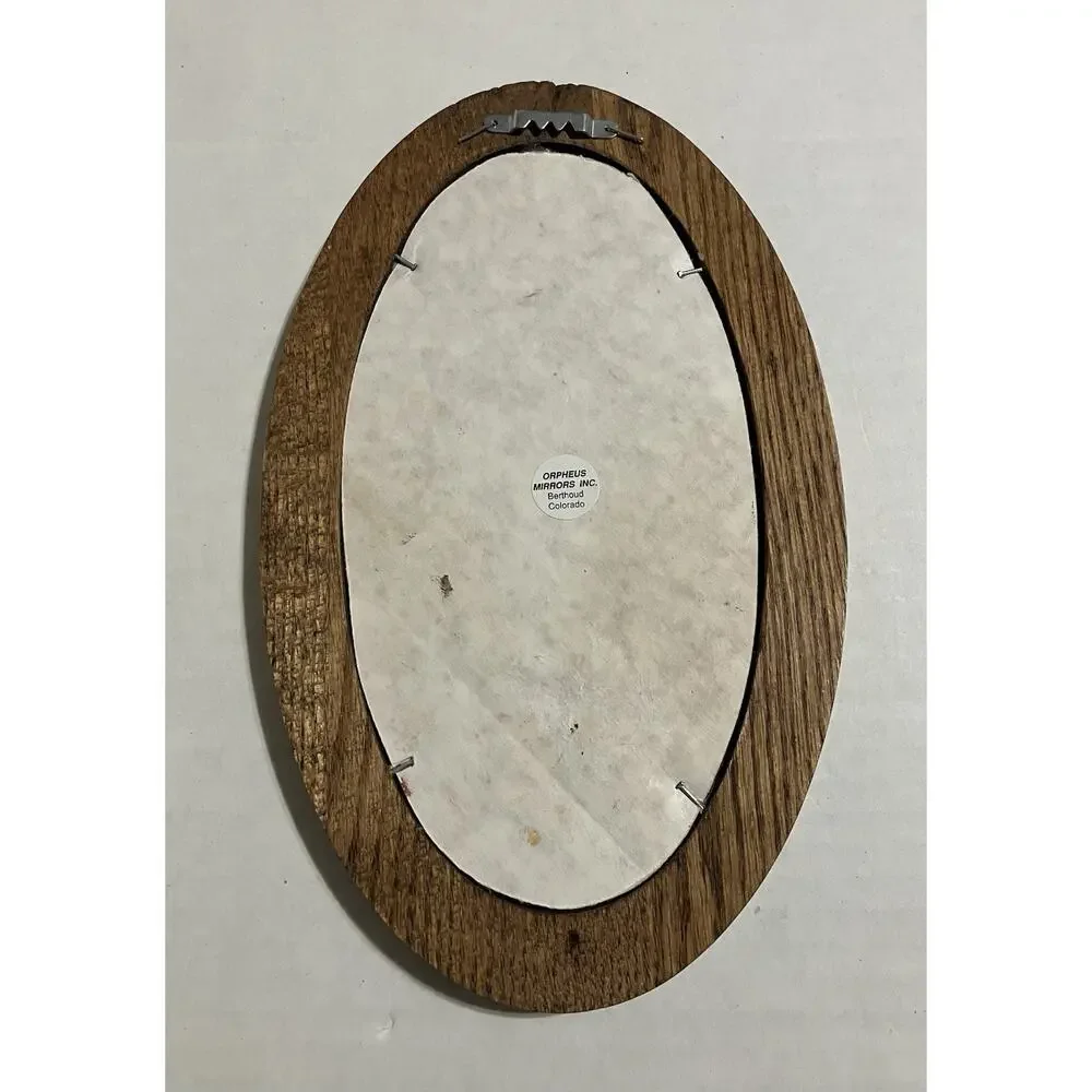 Vtg Small Oval Oak-Framed Mirror Christian Harvest of Souls Cross Wheat Stalks